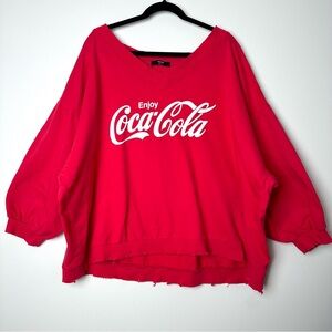 Coca-Cola Red Oversized Distressed Drop Shoulder 3/4 Sleeve V-Neck Sweatshirt